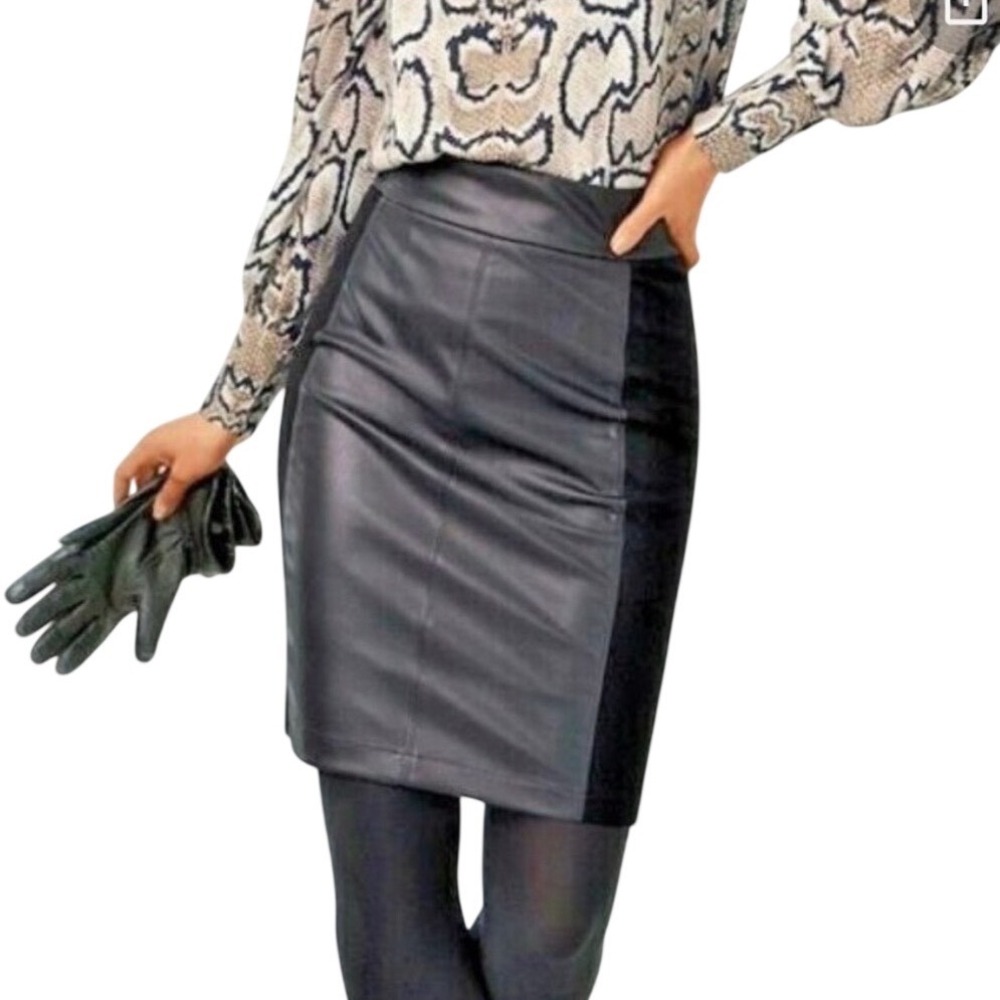 CAbi Miranda Pencil Skirt 6 Black Faux Leather Panel Zip Back Sleek Modern
